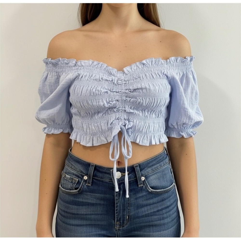 The Impeccable Pig Blue Smocked Crop Milkmaid Top Puff Sleeve M Cottagecore